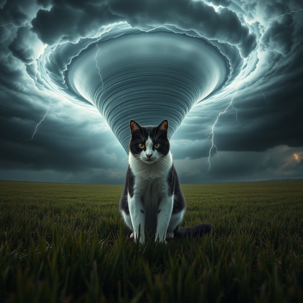 Majestic Black and White Cat in Turbulent Stormy Landscape
