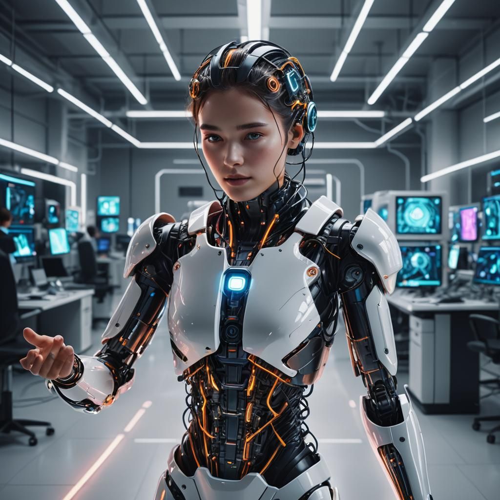 Enthusiastic Human Greet AI in Futuristic Lab