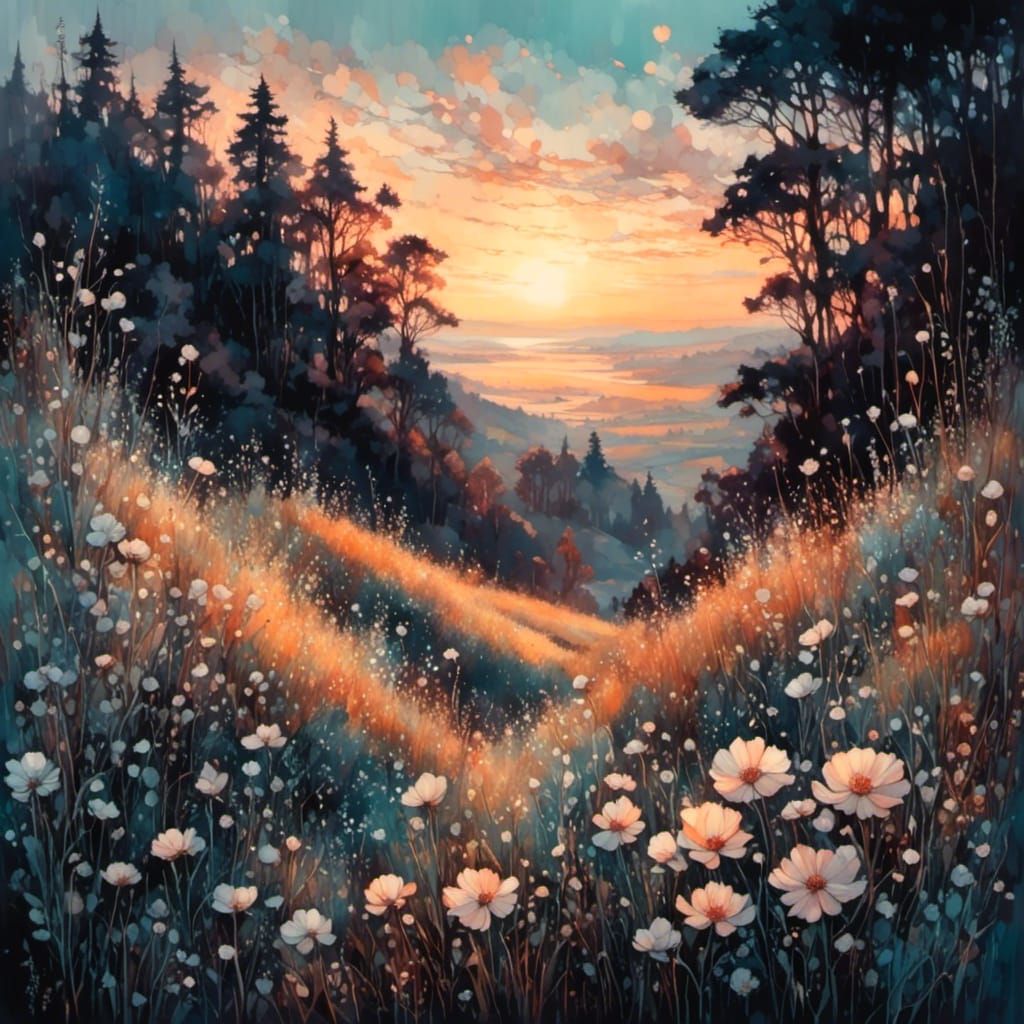 Ethereal Flowers in Soft Evening Hues, Cyberpunk Art Style