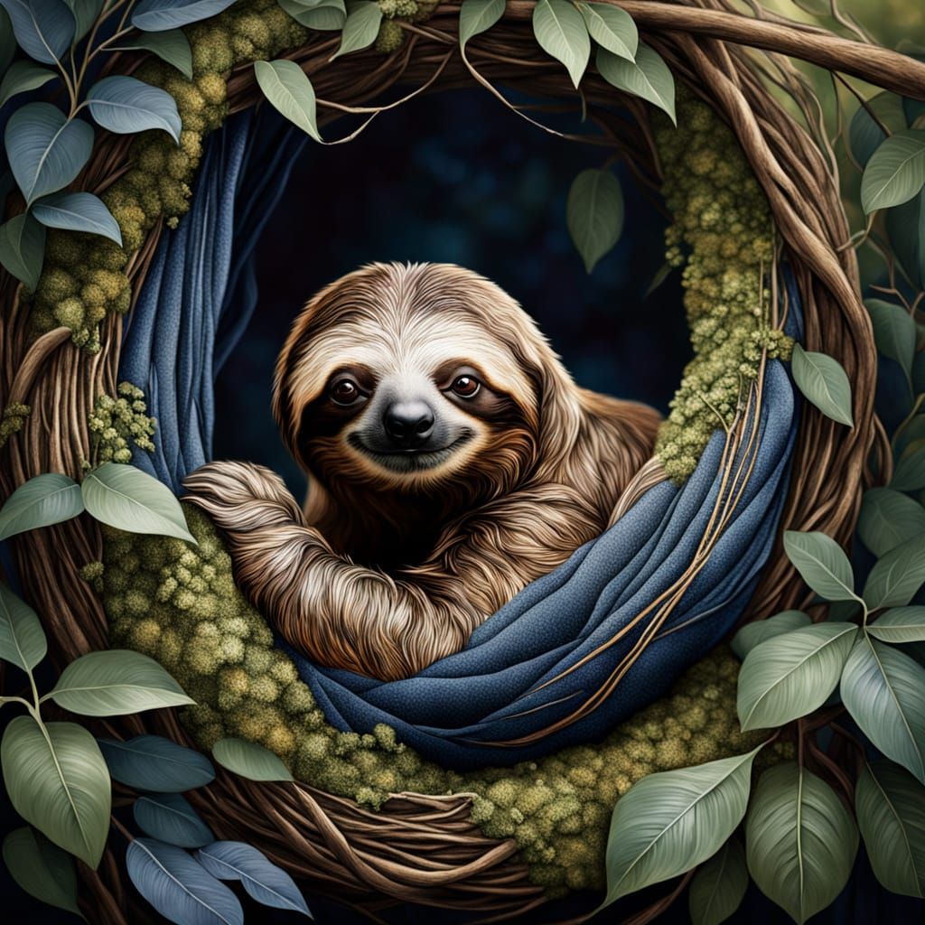 Divine Realism Sloth in Foliage as Mixed Media Painting