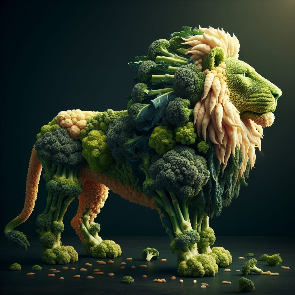 Cyberpunk-Style Lion Sculpture from Vibrant Broccoli Compone...