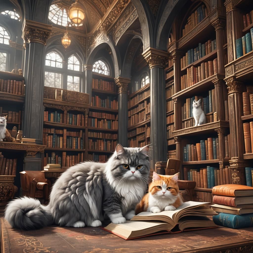 Cozy Library Scene with Two Cats Reading in Stunning 8K Reso...