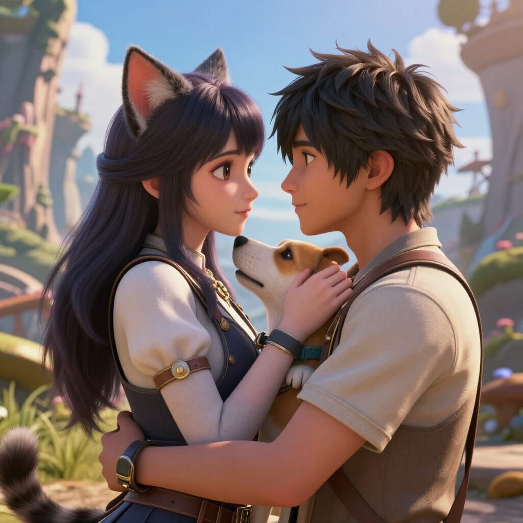 Cat Girl and Dog Boy Embrace in Epic Landscape