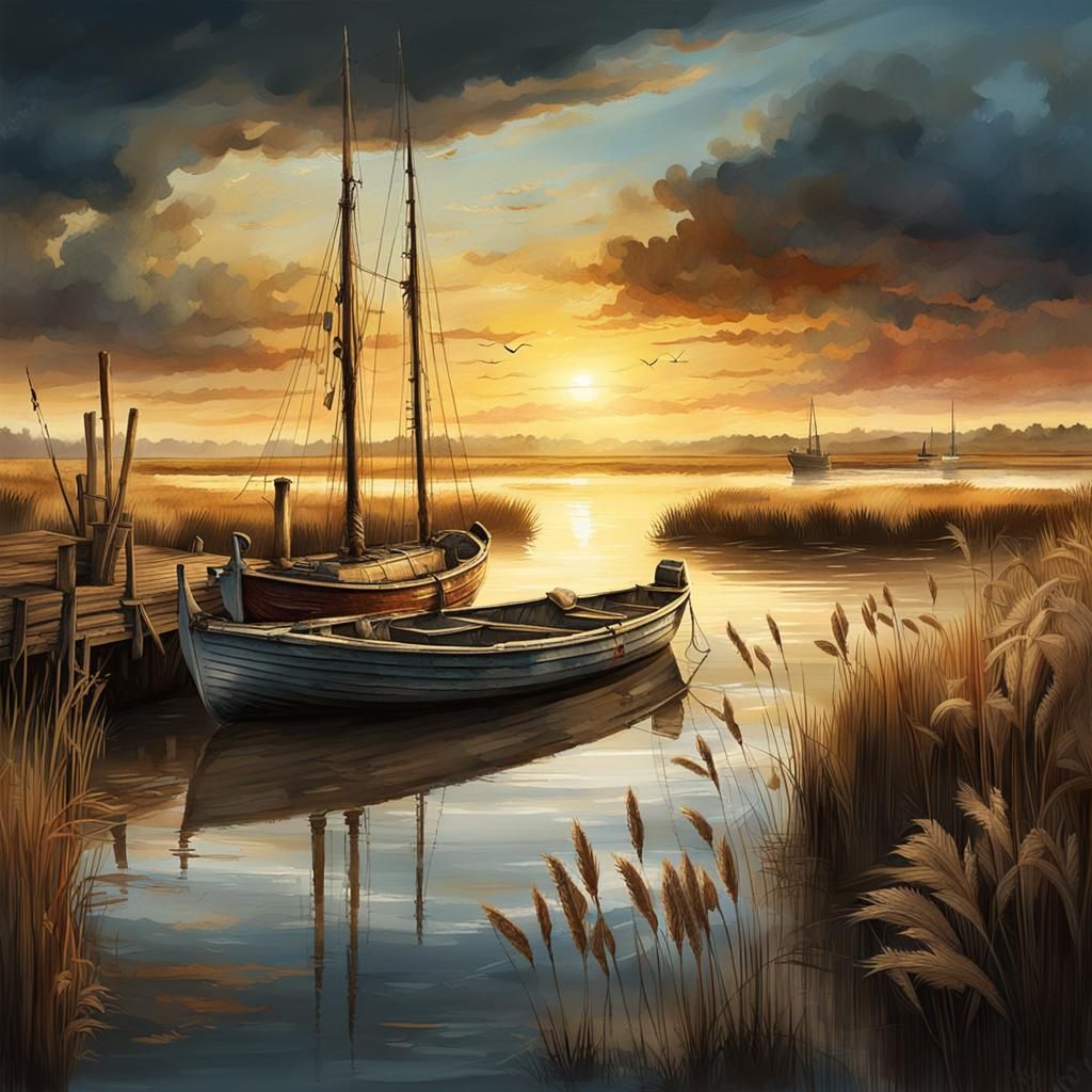 Epic Watercolour Scene of a Wooden Jetty at Sunset