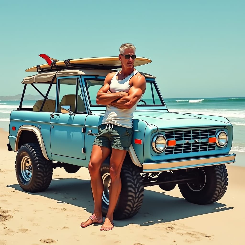 Sun-Kissed Beachgoer in Rugged 1976 Ford Bronco
