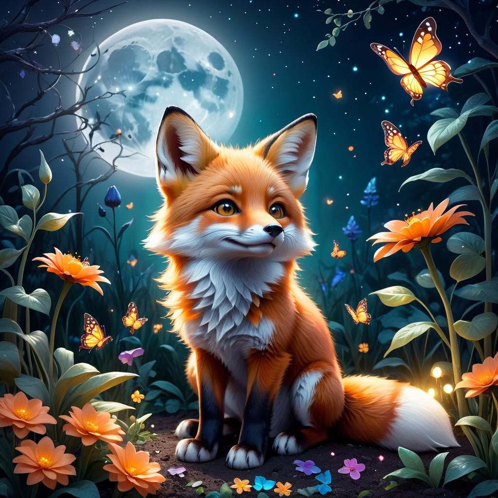 Whimsical Baby Fox Under Full Moon Magic