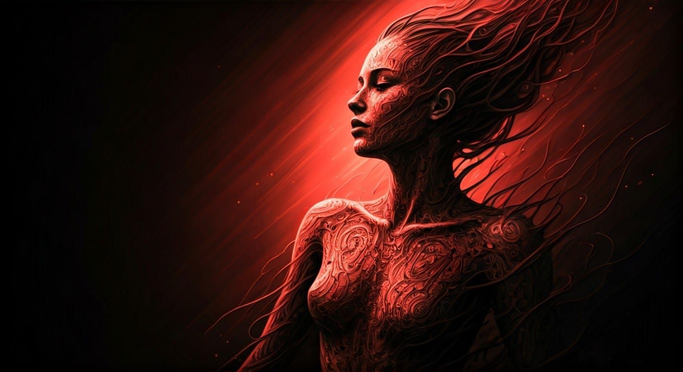 Woman Made of Swirling Binary Code in Deep Red Gradient Back...