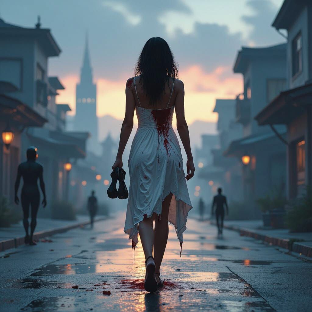 Victorious Woman in Utopian City at Dusk