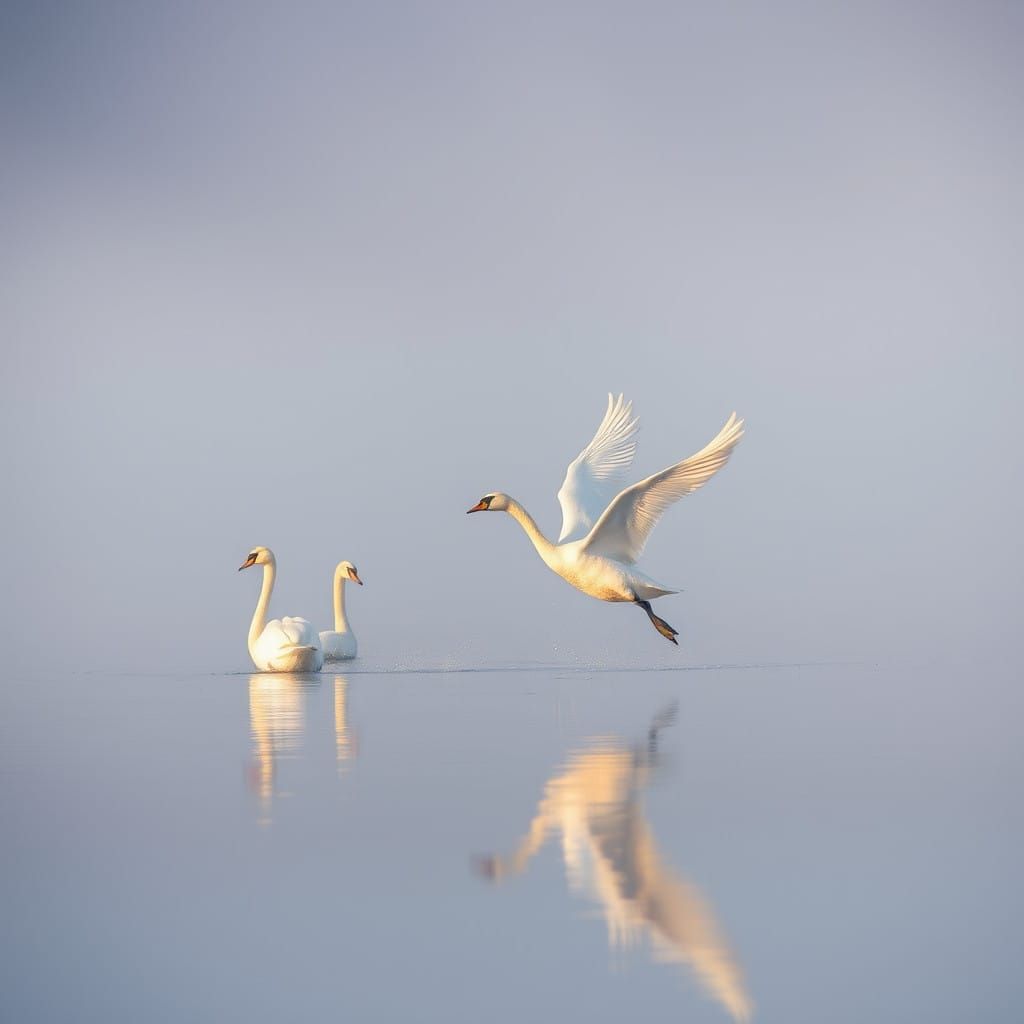 Three Swans Ascend Amidst Morning Mist on Serene Lake