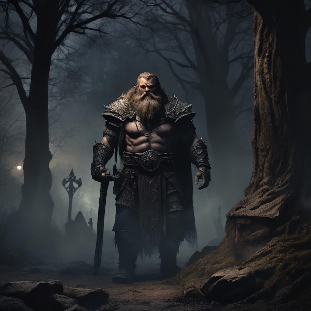 Scene Description:

Foreground: Kaelan, the burly dwarven warrior, stands defiantly against a shadowy figure. His warham...