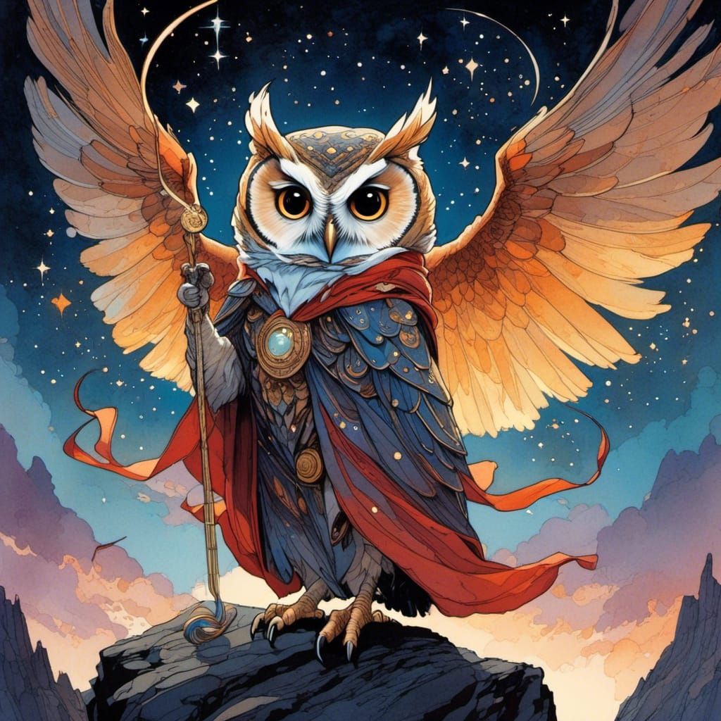 Enchanted Watercolor Owl Wears Celestial Robes in Whimsical...