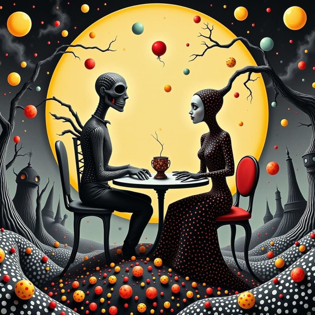 <lora:dotgothica:1.0> sad woman sitting at the table after the break-up, hips-up portrait in art brut style by Andy Keho...