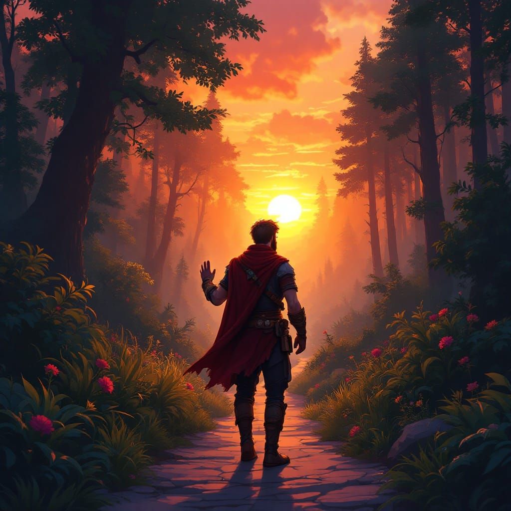 Heroic Paladin Bids Farewell in Vibrant Sunset