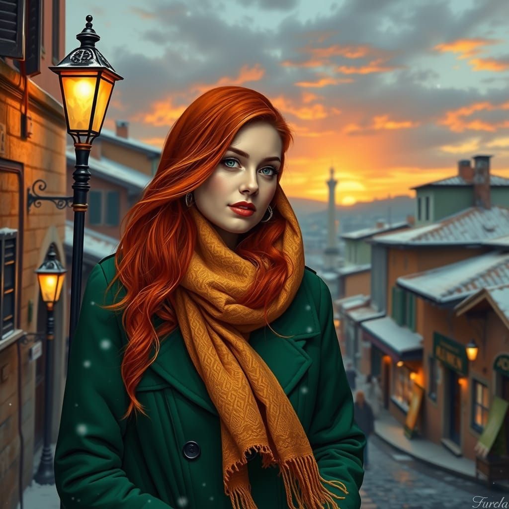 Serene Redheaded Woman in Snowy Roman Evening Landscape