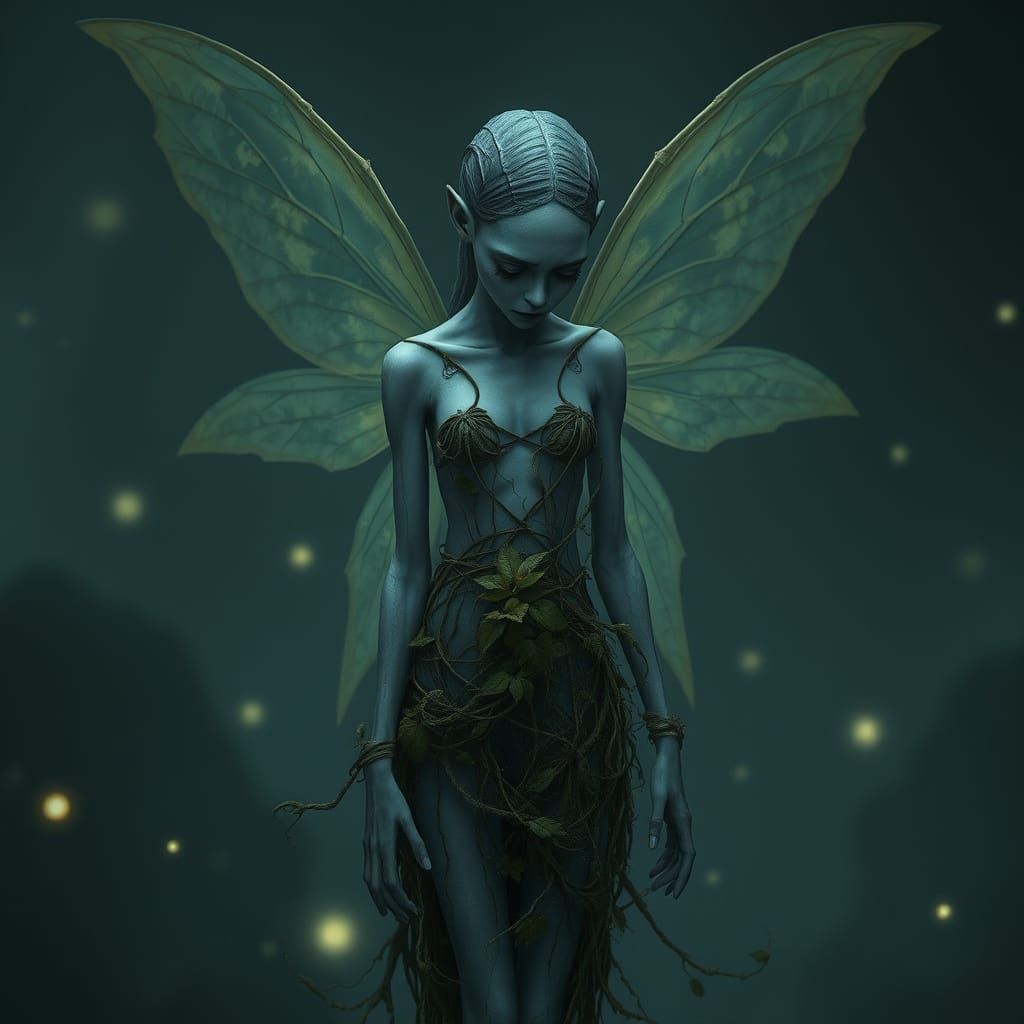 A fairy has blue-grey skin.
