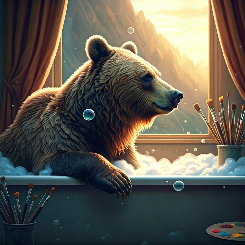 Fantastical Brown Bear in Luxurious Bubble Bath Scene