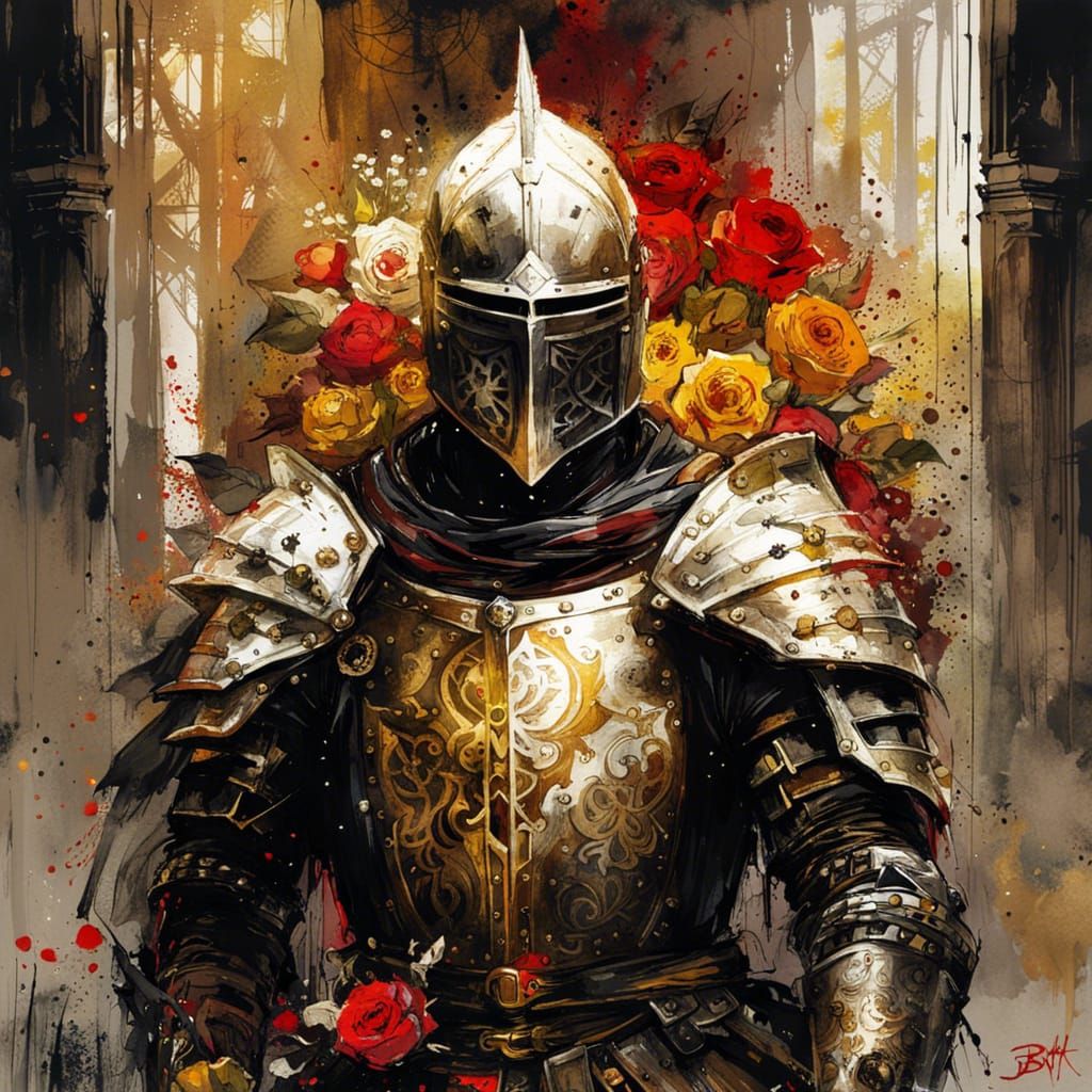 Ethereal Knight Templar in Gothic Armor Amidst a Field of Ro...