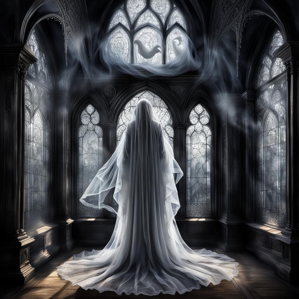 Ethereal Lady in Haunting Gothic Library