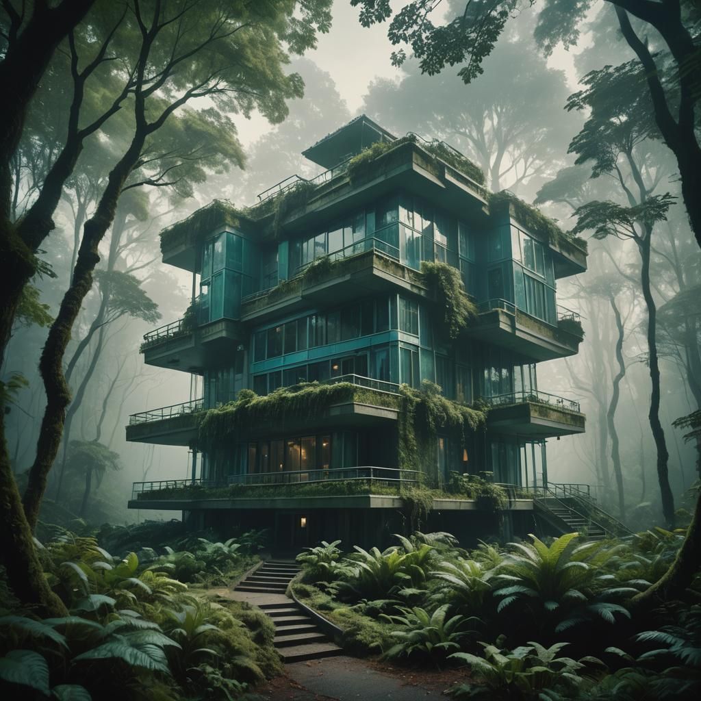 Bionics-Style Futuristic Mansion Amidst a Misty Forest