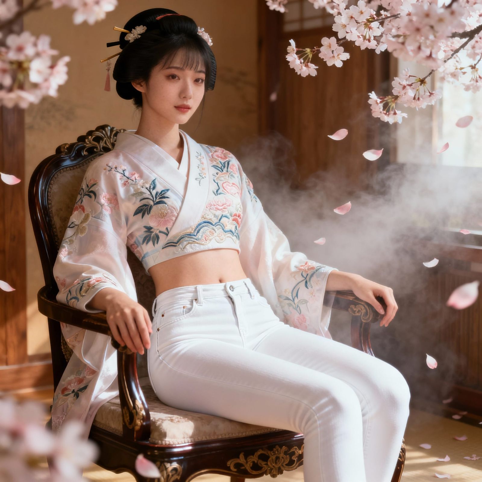 Geisha in Modern Attire with Cherry Blossoms