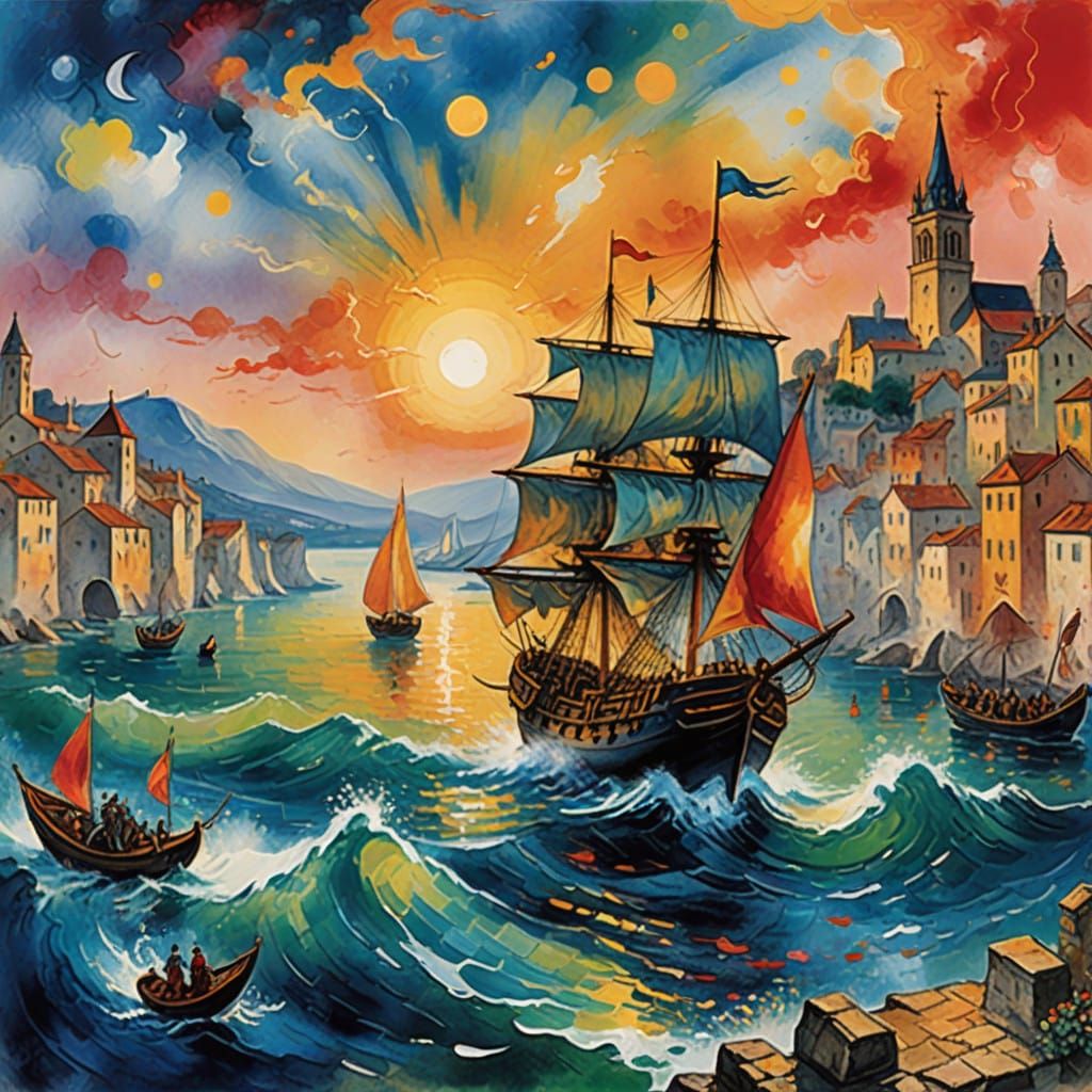 Surreal Sunset Sails Over Braavos in Vibrant Fantasy Style