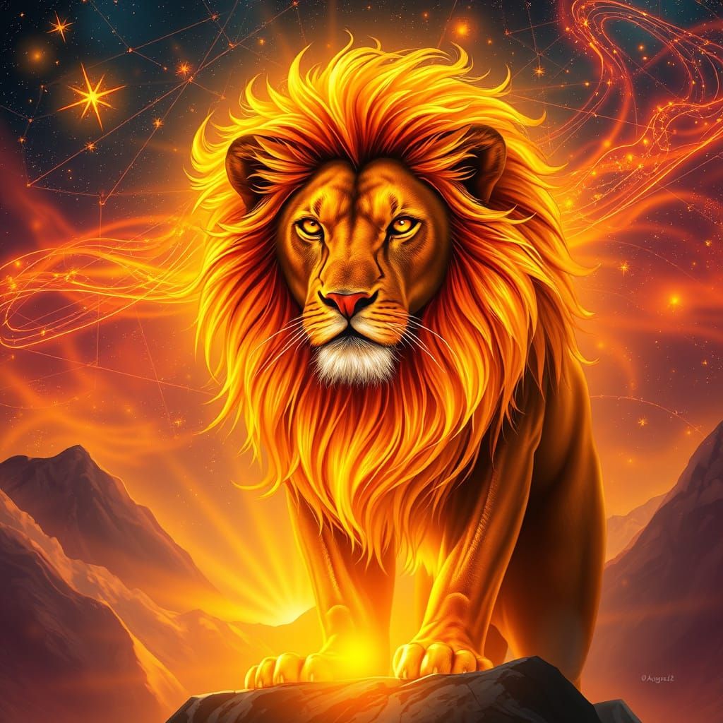 Majestic Lion Under Celestial Skies in Vibrant Hues