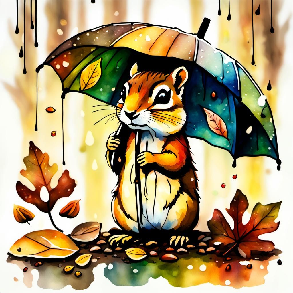 Warm Autumn Forest Scene with Chipmunk under Delicate Leaf U...