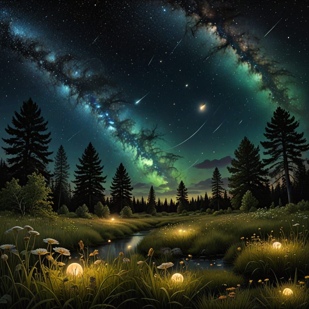 Hyper Realistic Nature Scene with Fireflies and Planets