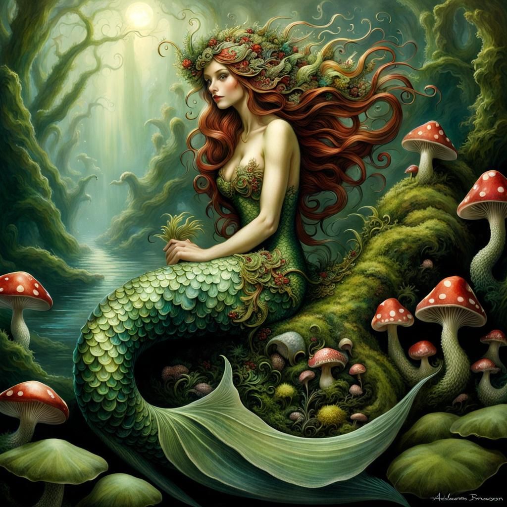 Intricate Mermaid Tail with Faerie Village and Mossy Landsca...