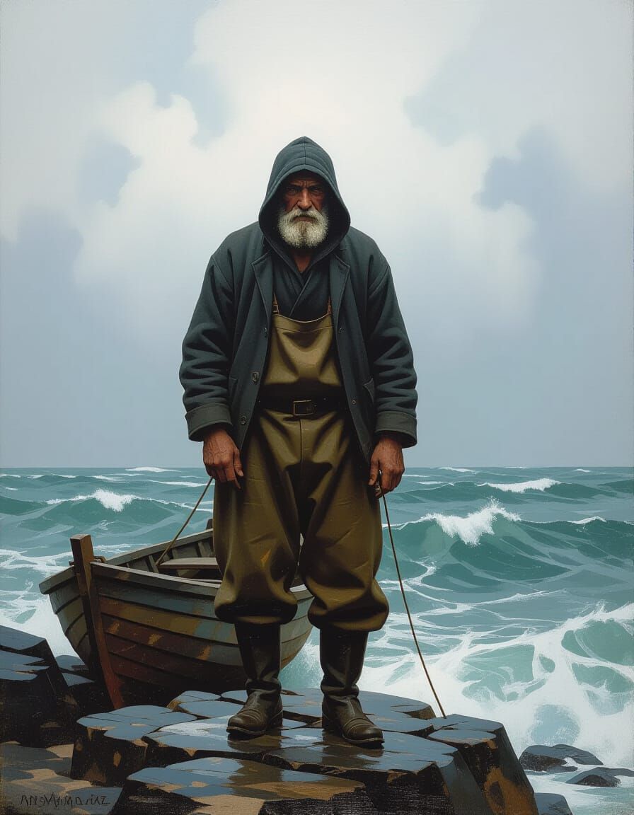Weathered Fisherman on Rocky Outcrop Overlooking Stormy Sea