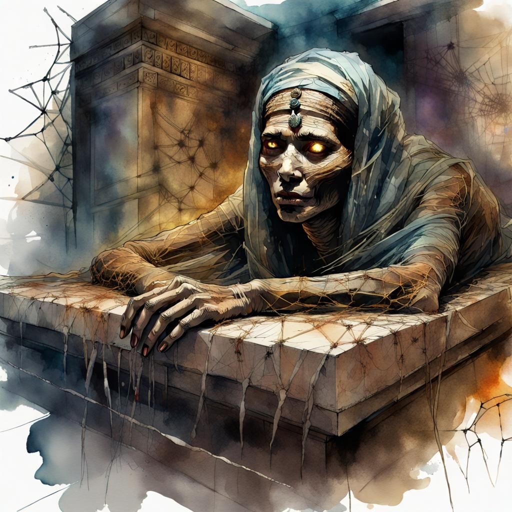 Egyptian Mummy Enshrouded in Vivid Spiderwebs