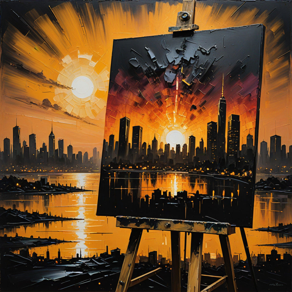 Vibrant City Skyline Painting in Grunge Style