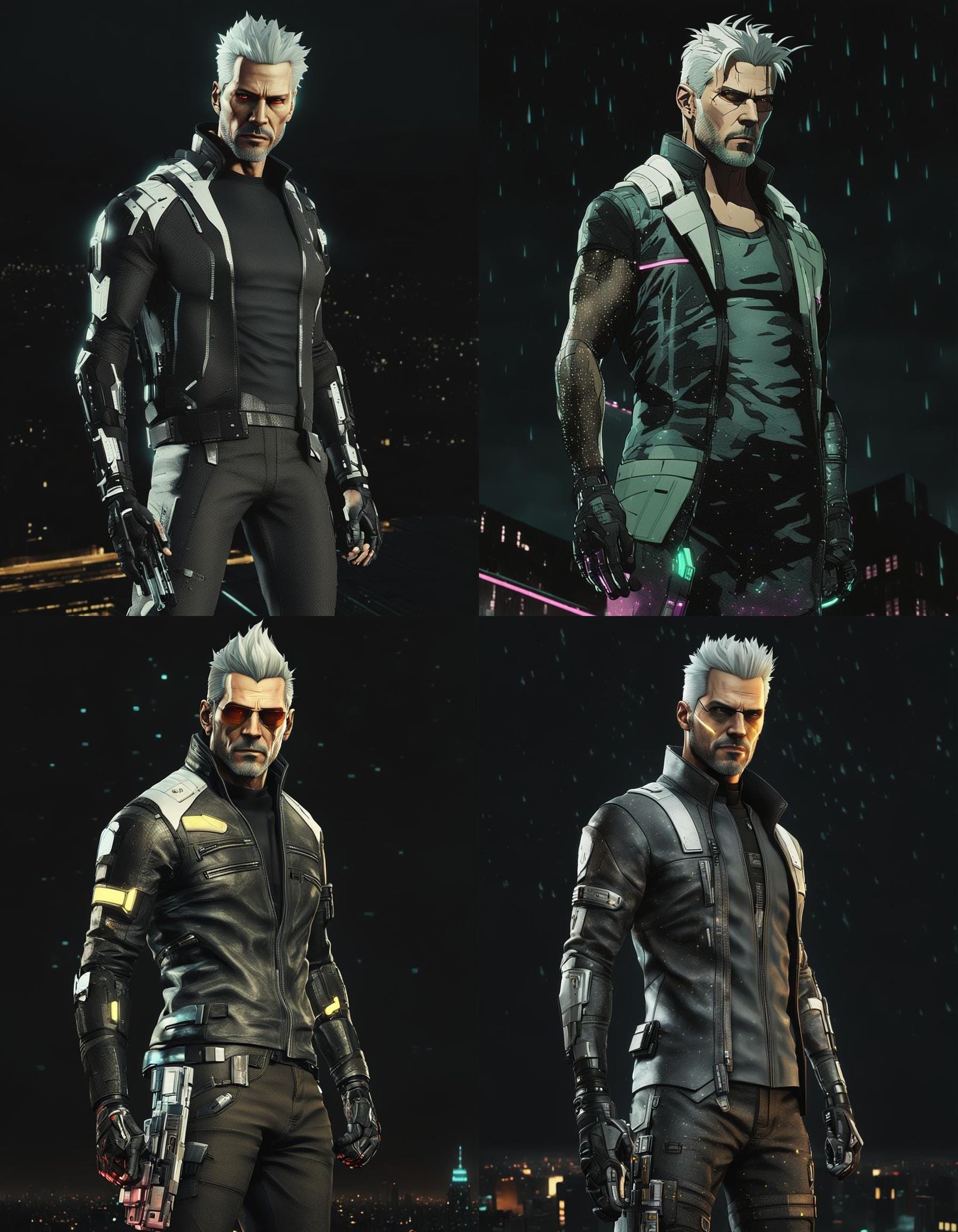 Cyberpunk Athlete with Pale Hair, Cyber Implants on Rooftop