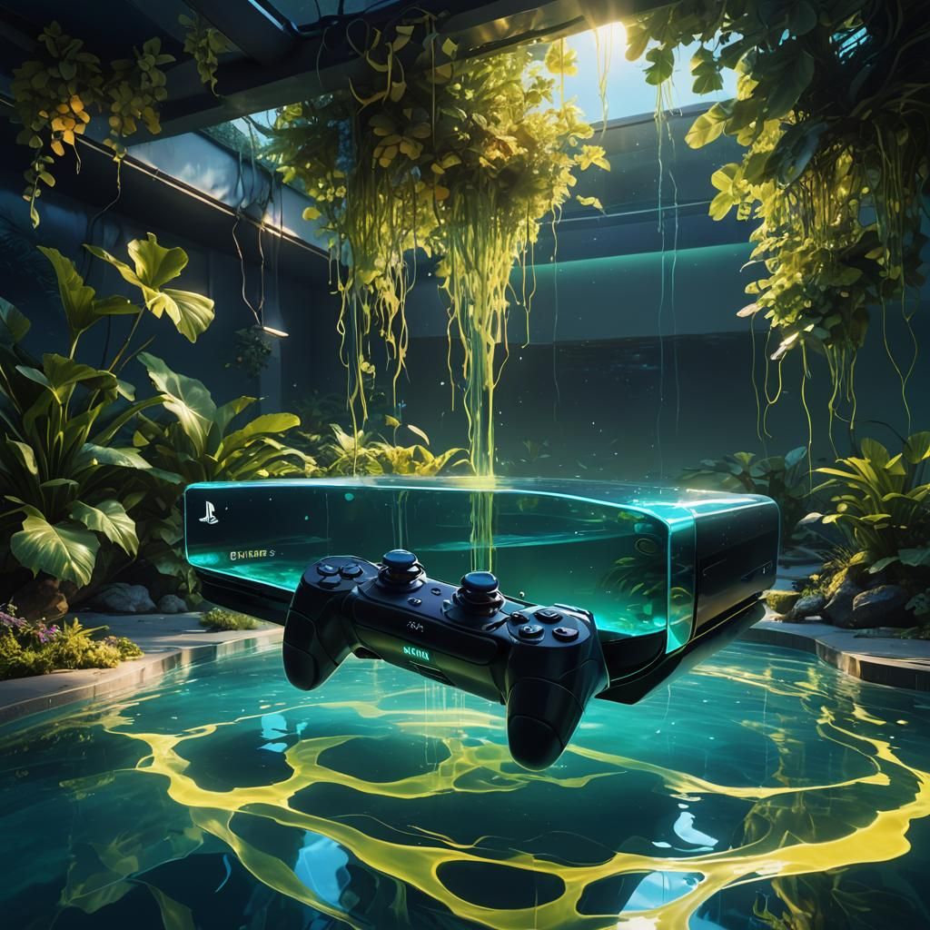 Glowing Console Suspended Above a Serene Pool in Vibrant Fan...