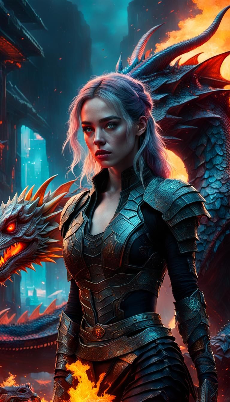 Cyberpunk Warrior Princess Beside Fiery Dragon in Neon Knigh...
