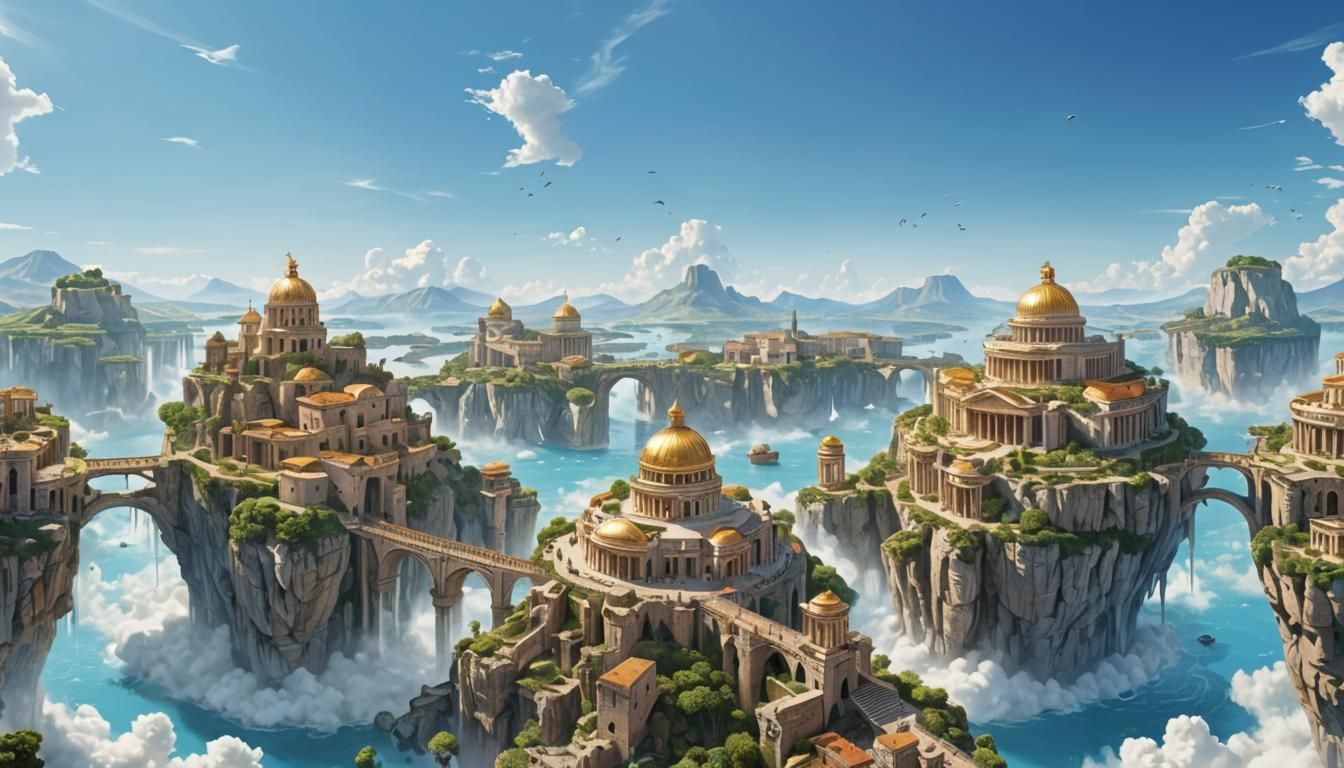 Floating Islands in a Bright Blue Fantasy Sky