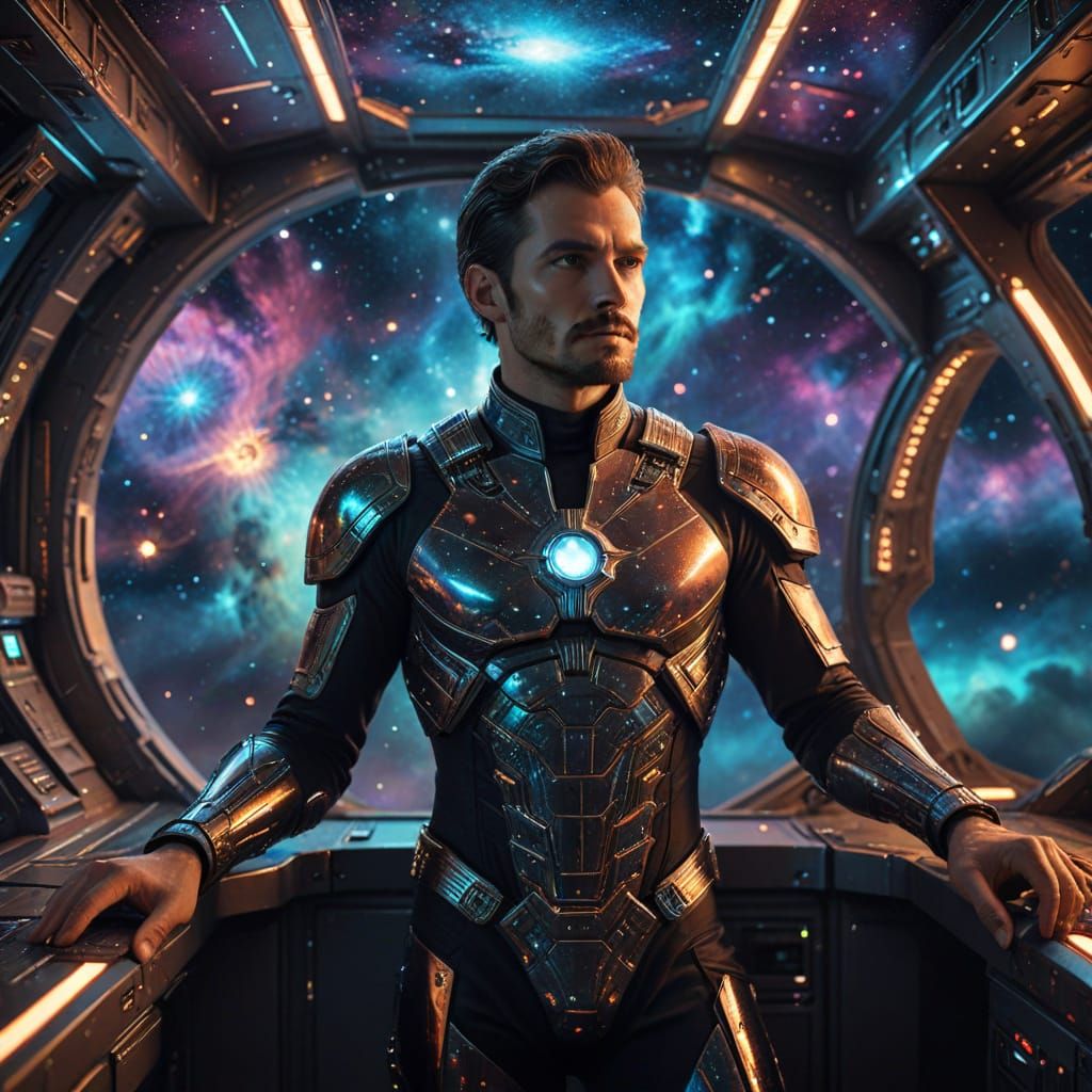 Starship Captain Gazing at Nebula in Art Deco Style