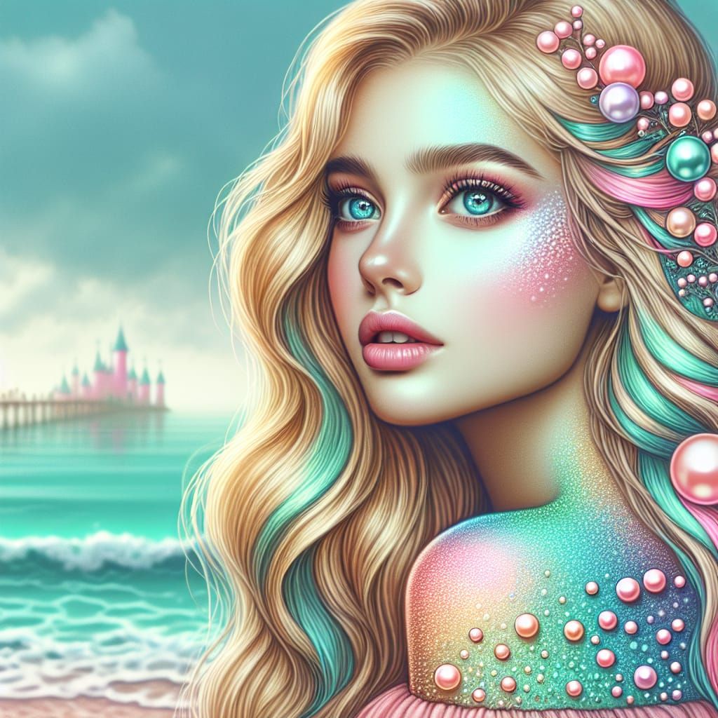 Beautiful Young Woman in Aquamarine Hues, Profile Portrait