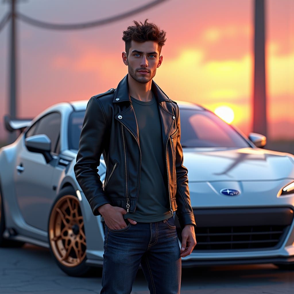 Confident Hero Stands Beside Sleek Silver Subaru BRZ with Br...
