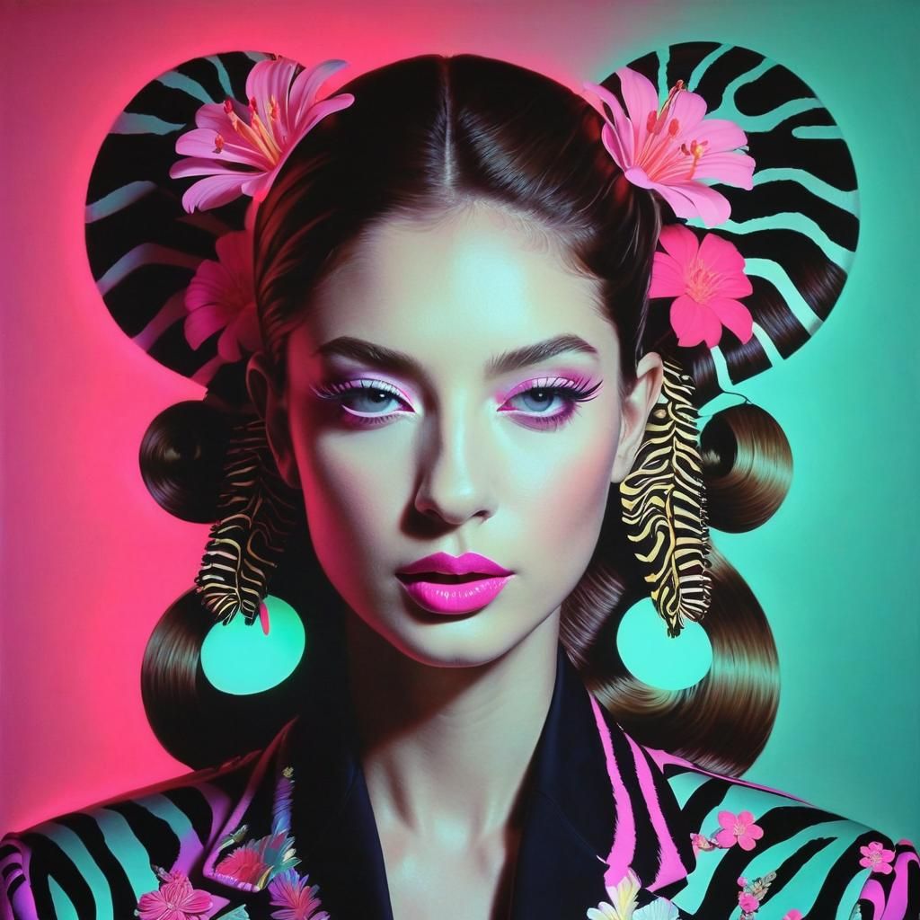 Retro Zebra Print Portrait in Neon Oils