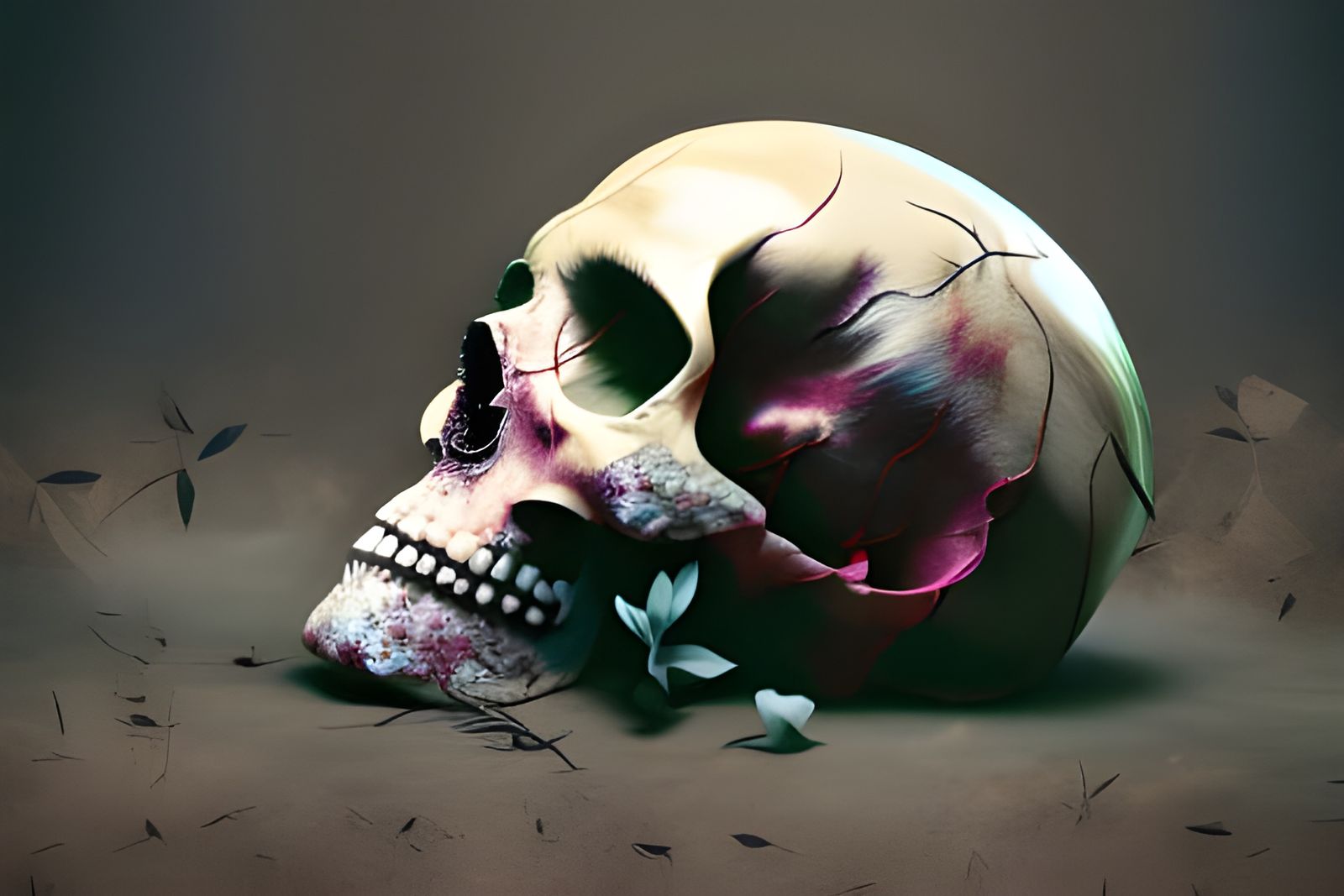 Surreal Sepia Monochromatic Flower Blooms from Human Skull i...