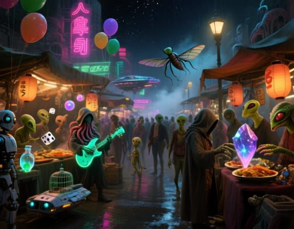 Sci-Fi Alien Bazaar in a Dark City