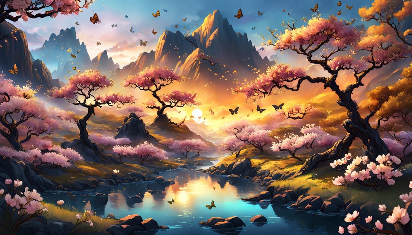 Fantastical Landscape with Cherry Blossoms in Gold