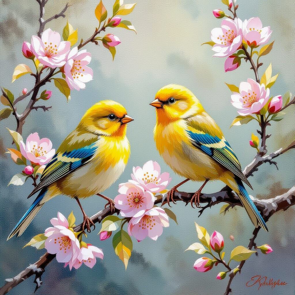 Canaries on Branch in Impressionist Gouache Style