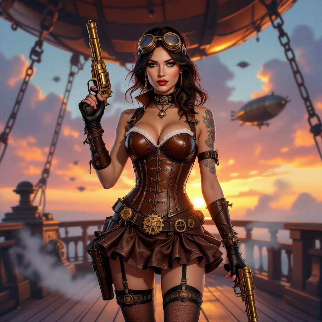 Steampunk Woman with Brass Revolver on Airship Deck