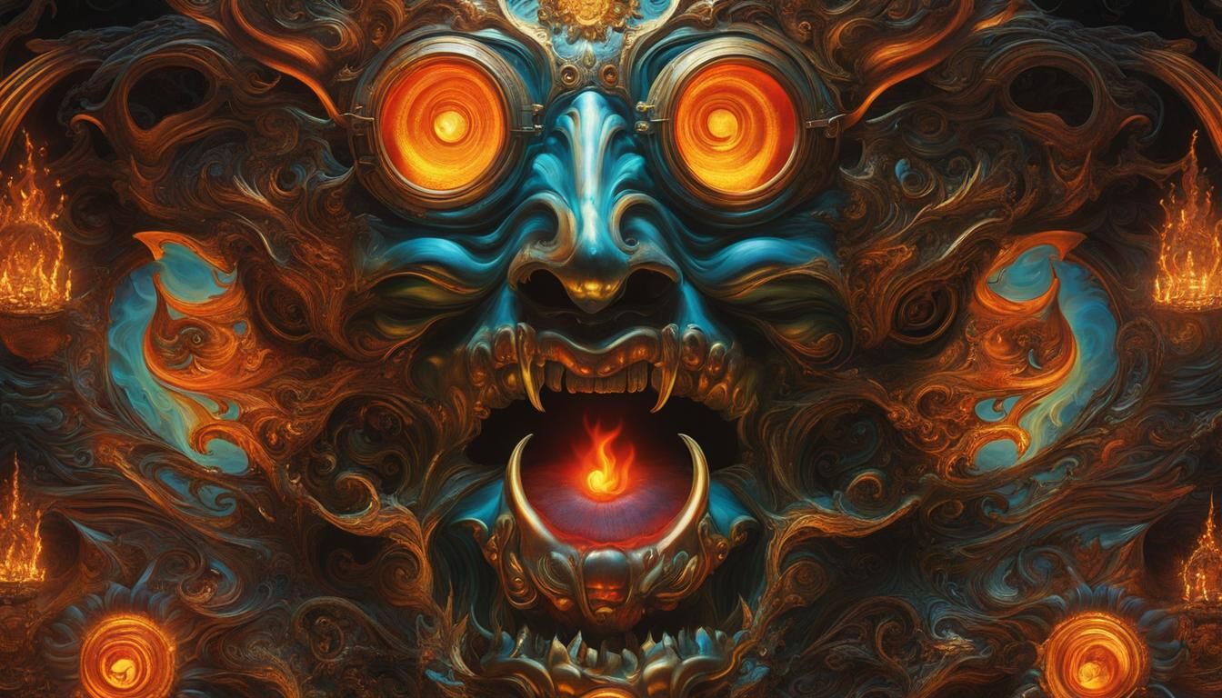 Surreal Steampunk Mage Face Melts in Fiery Inferno