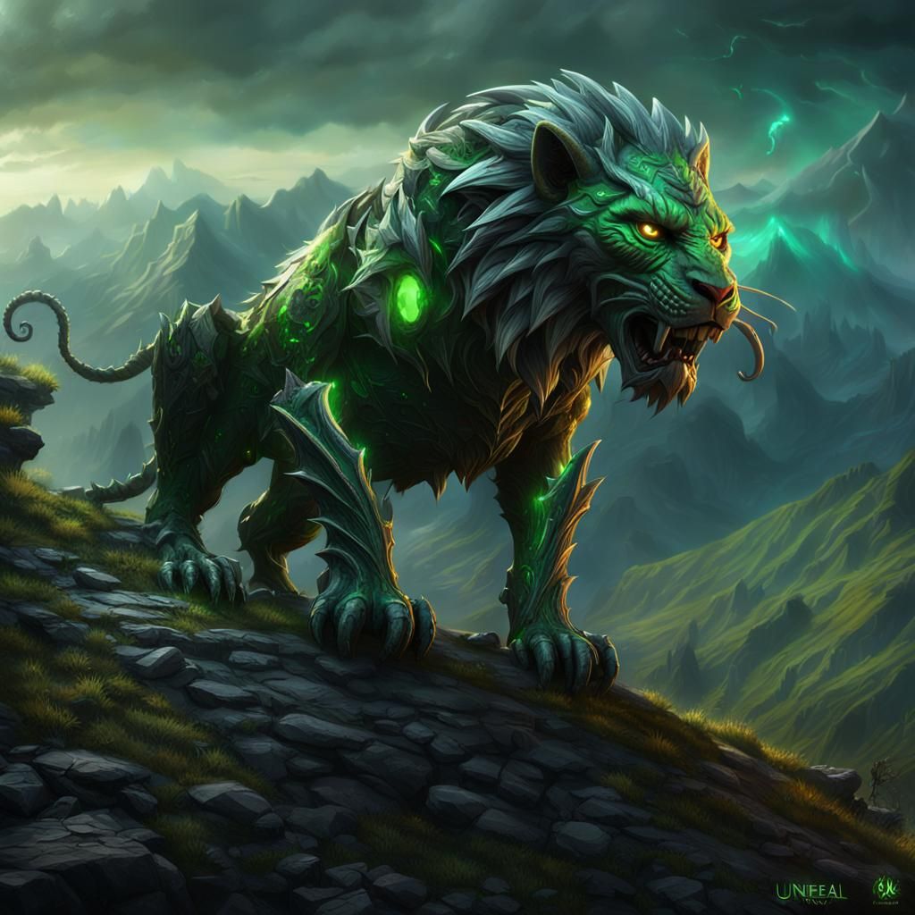 Dark Fantasy Hybrid Sits atop a Mountain Peak