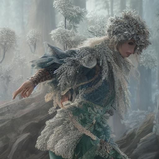 Girl in Frosty Forest with Wool and Leaf, in Fantasy Concept...