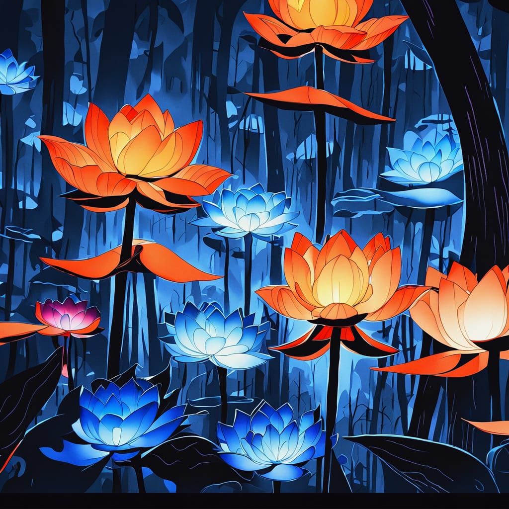 Glowing Lotus in Dark Forest Inkwash Painting