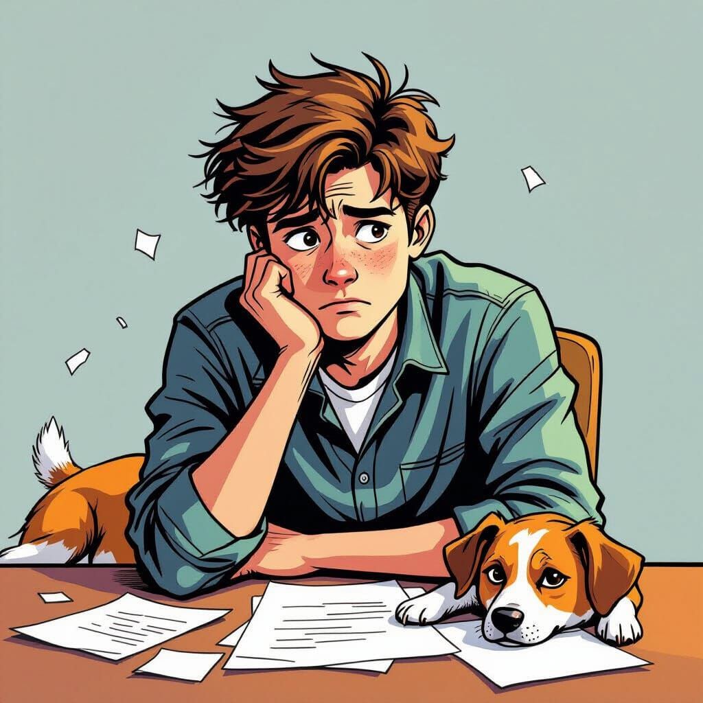 Worried Student and Guilty Dog in Comic Book Style